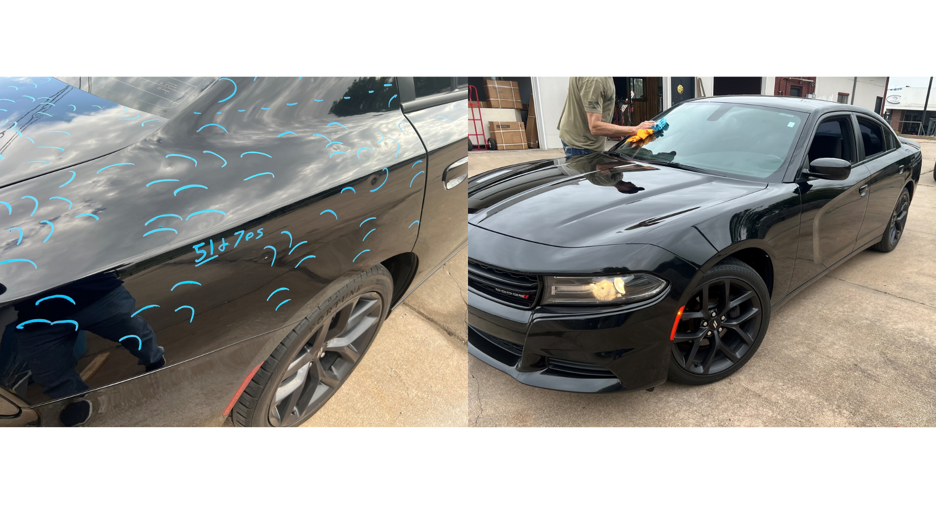 Black Dodge PDR Flawless PDR results. Smooth, dent-free surface and intact factory clear coat.