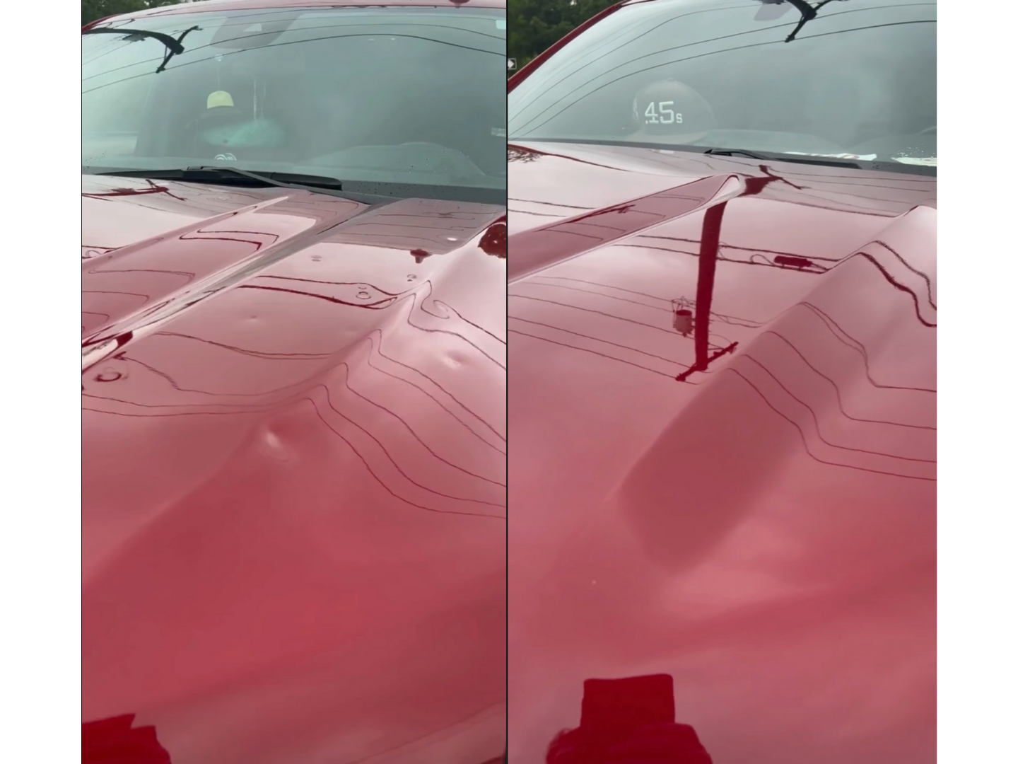 Truck Hood Hail Repair Major dents on Truck hood repaired to flawless condition after a late-season storm.