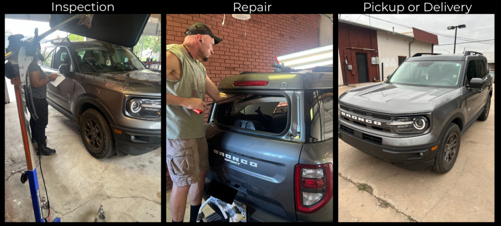 Repair process showing inspection, repair, and ready for pickup.